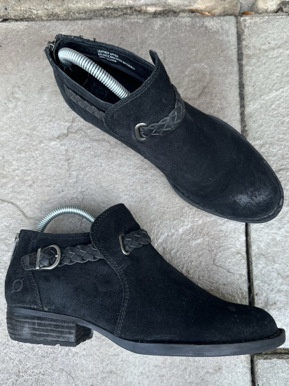 BORN Size 7 'Sylvia' Black Suede Braided Strap Low Ankle Boho Western Booties